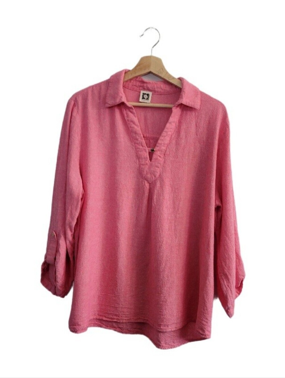 ANNE Klein Linen Blend Roll-tab Popover Blouse Pink Sz XL Coastal Grandma